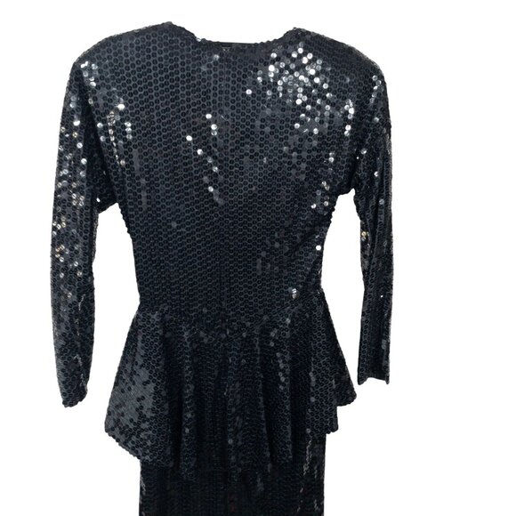Vintage Black Sequin Peplum Long Sleeve Dress By Chaozhou Hand Stitched Embroide - Picture 3 of 11